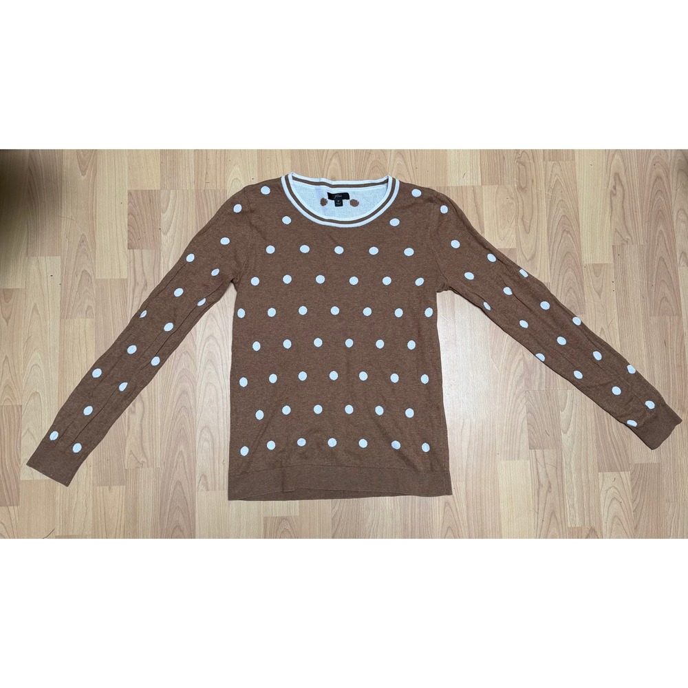 J.Crew Polka Dot Crewneck Knit Sweater Brown White Cotton Medium Preppy